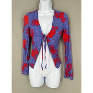 Tiger Mist Top Womens XS Blue Floral Red Tie Front Open Long Sleeve Stretch